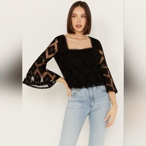 Shyanne Black Crochet Lace Bell Sleeve Top